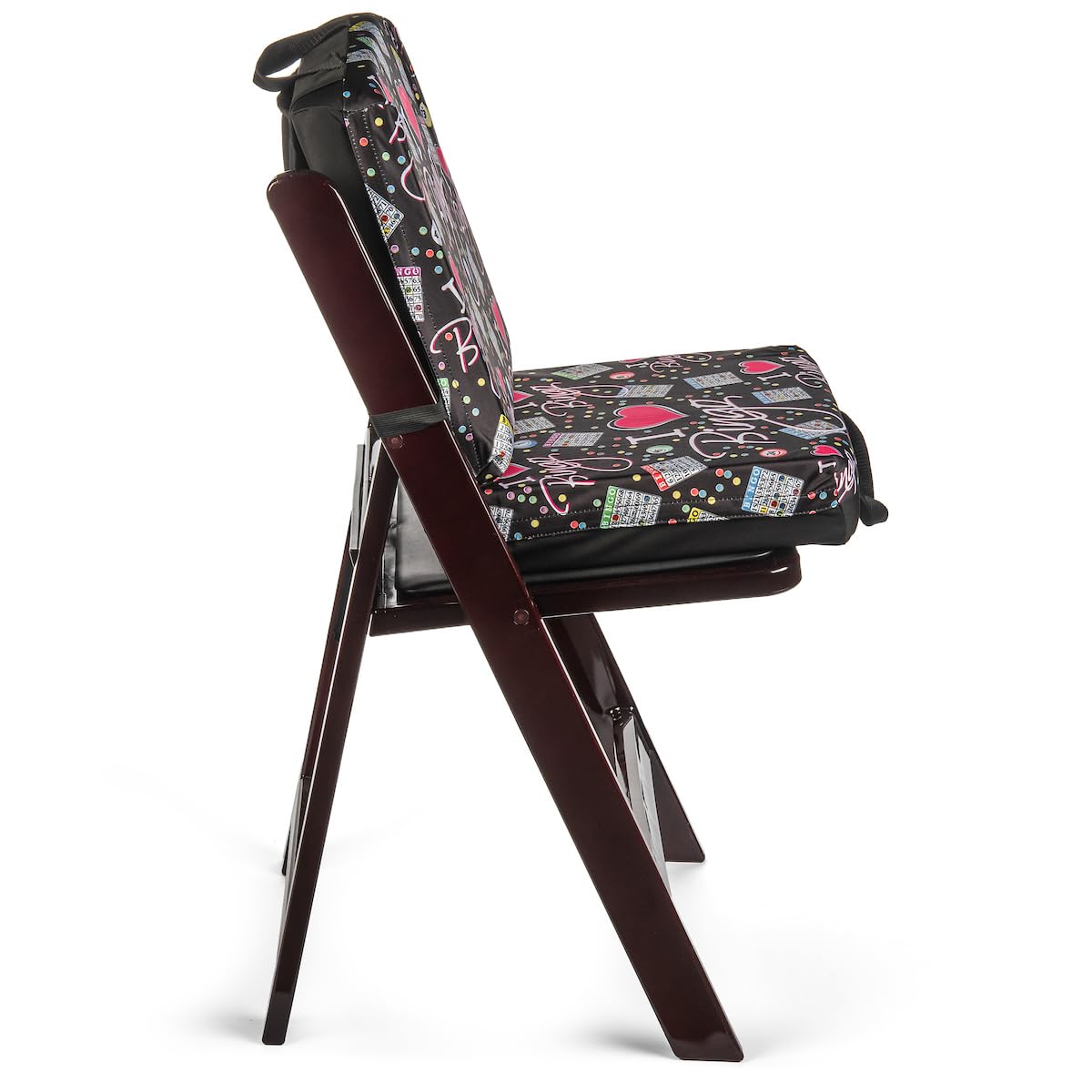 Bingo Innovation elastic strap with Velcro securing cushion to chair for stable fit