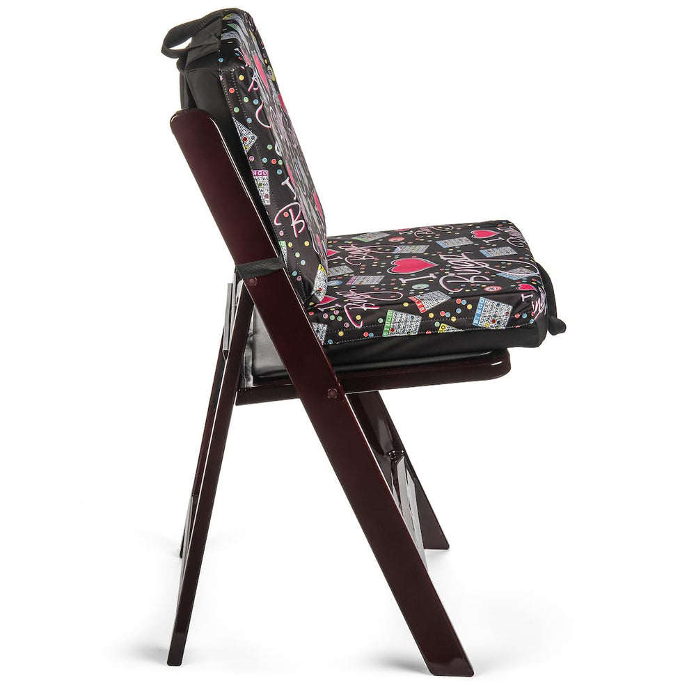 Bingo Innovation elastic strap with Velcro securing cushion to chair for stable fit