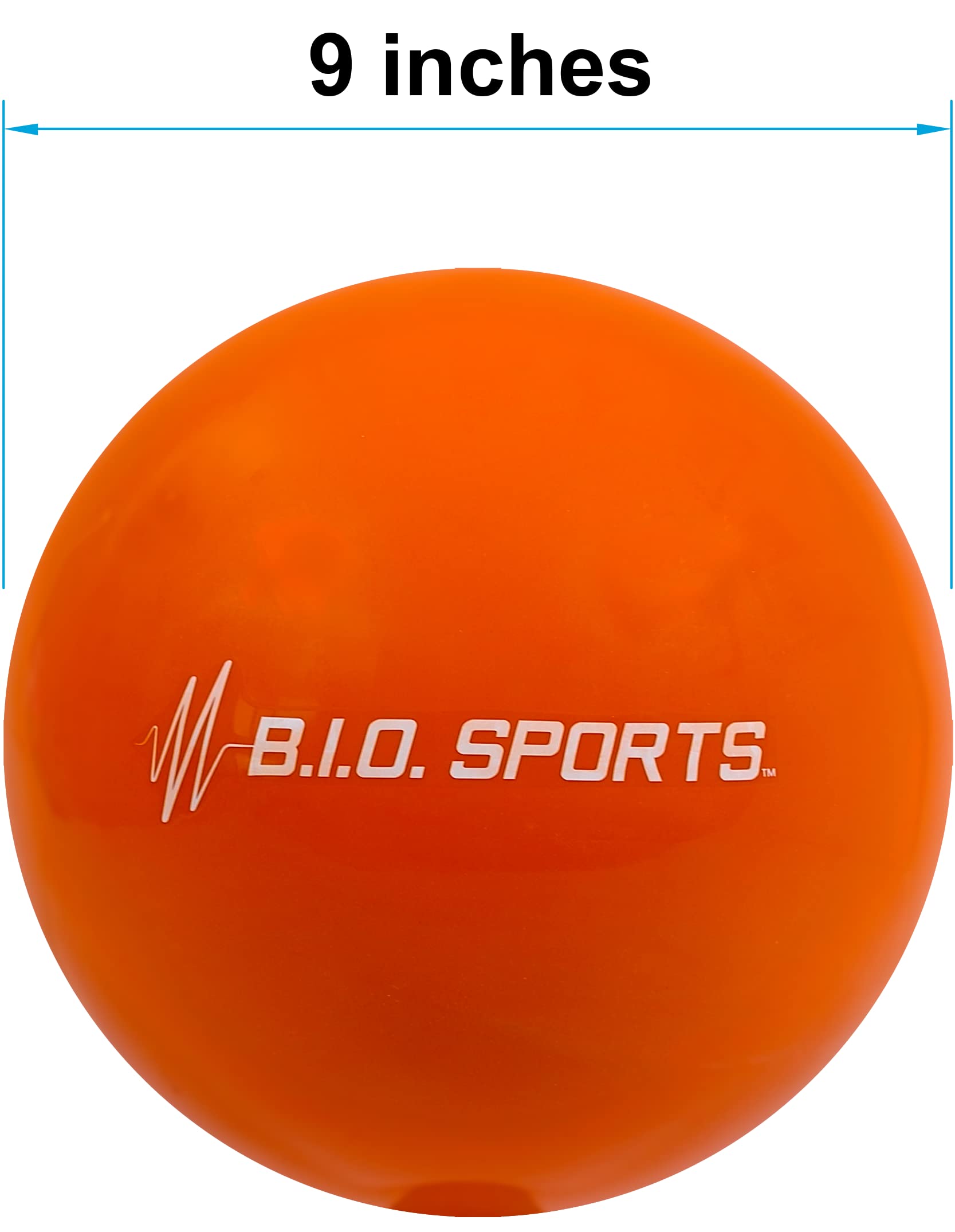 B.I.O. Sports ball next to ruler showing scale and 14.5–15 lb filled size