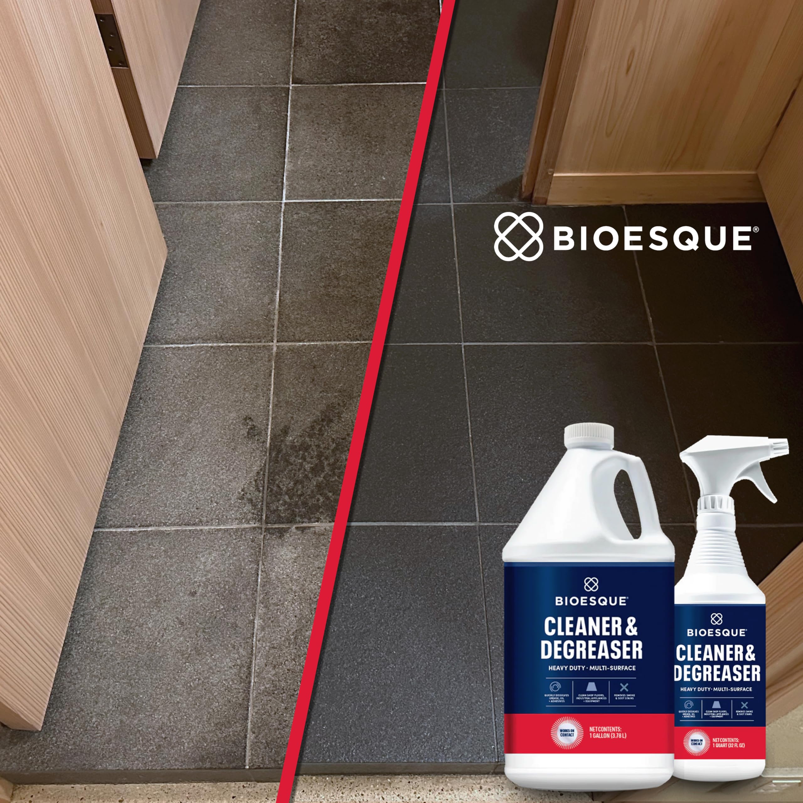 Bioesque in spray bottle applied to stovetop for fast degreasing