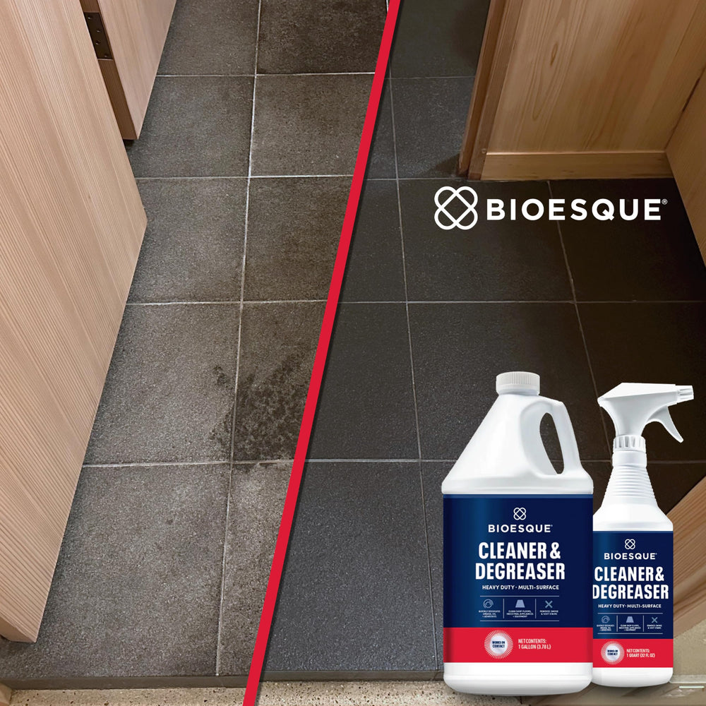 Bioesque in spray bottle applied to stovetop for fast degreasing