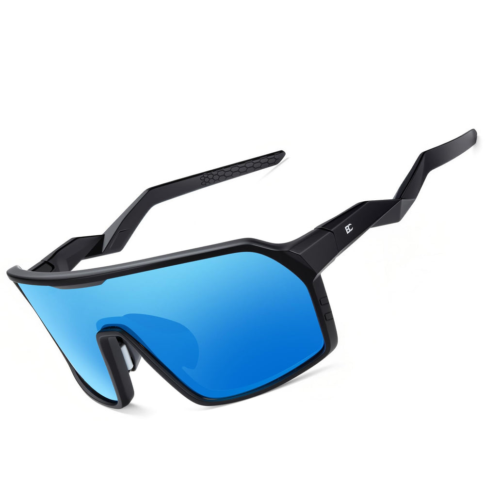BIRCEN front view of sunglasses showing frame and lens, clear protection benefit