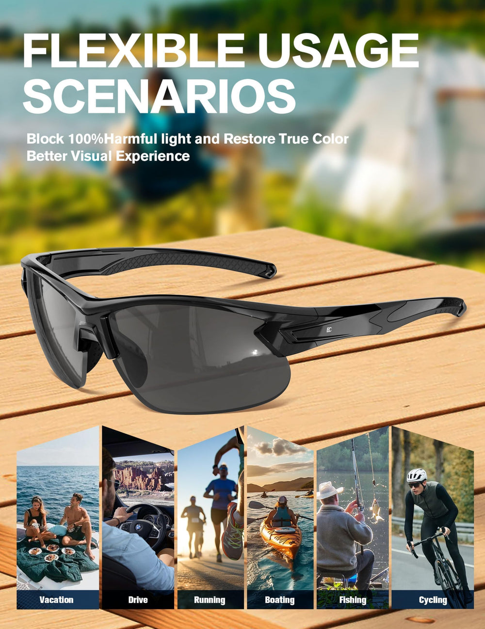 BIRCEN on driver with road view, emphasizes UV400 protection while driving