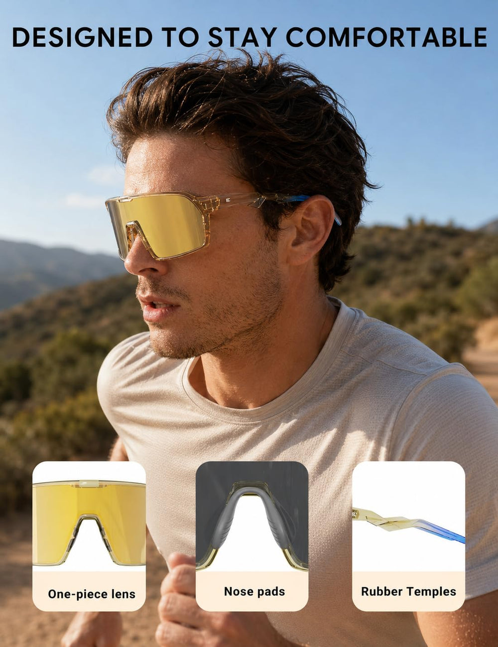 BIRCEN sunglasses on trail runner demonstrating stable fit and clear vision benefit