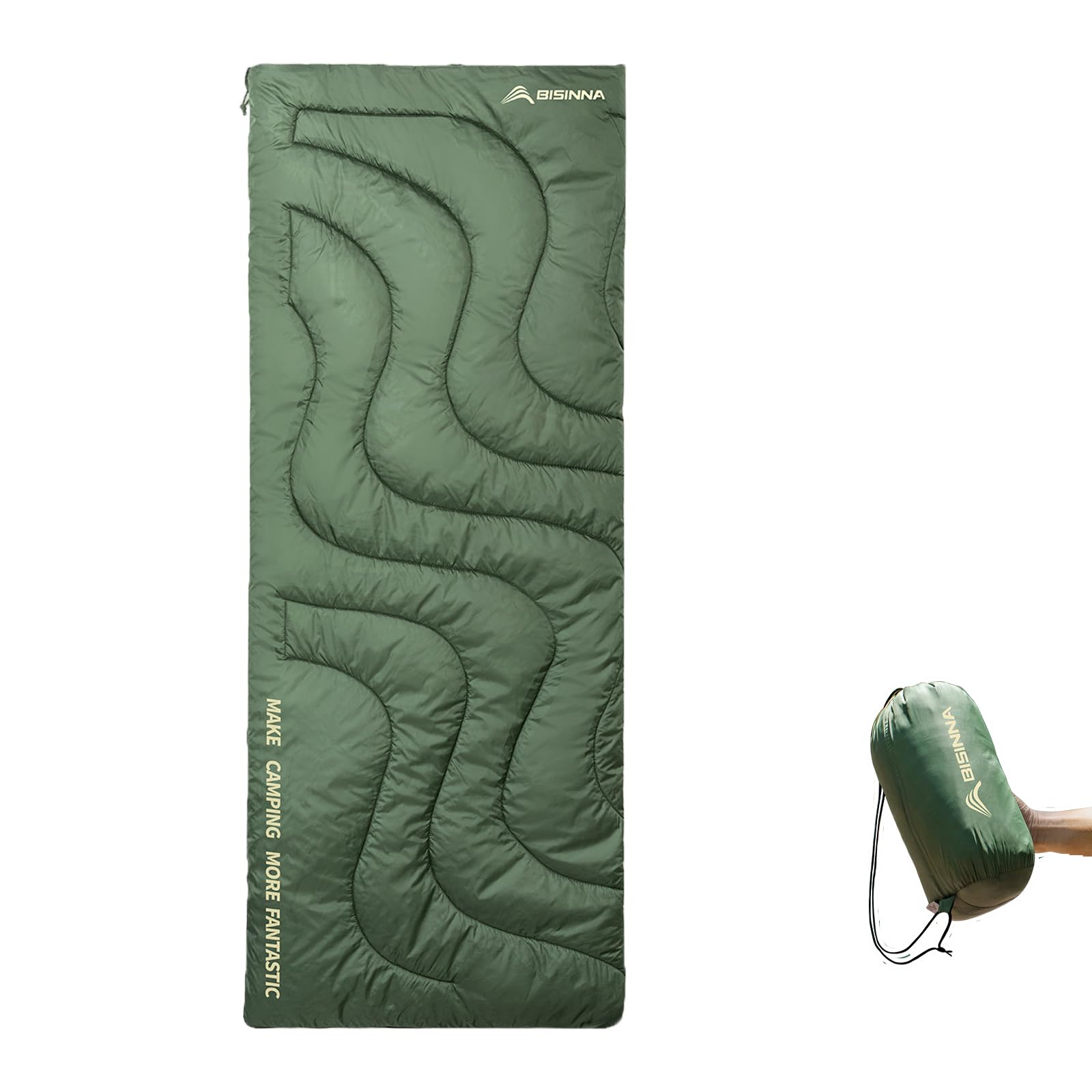 BISINNA front view of packed sleeping bag showing compact storage benefit