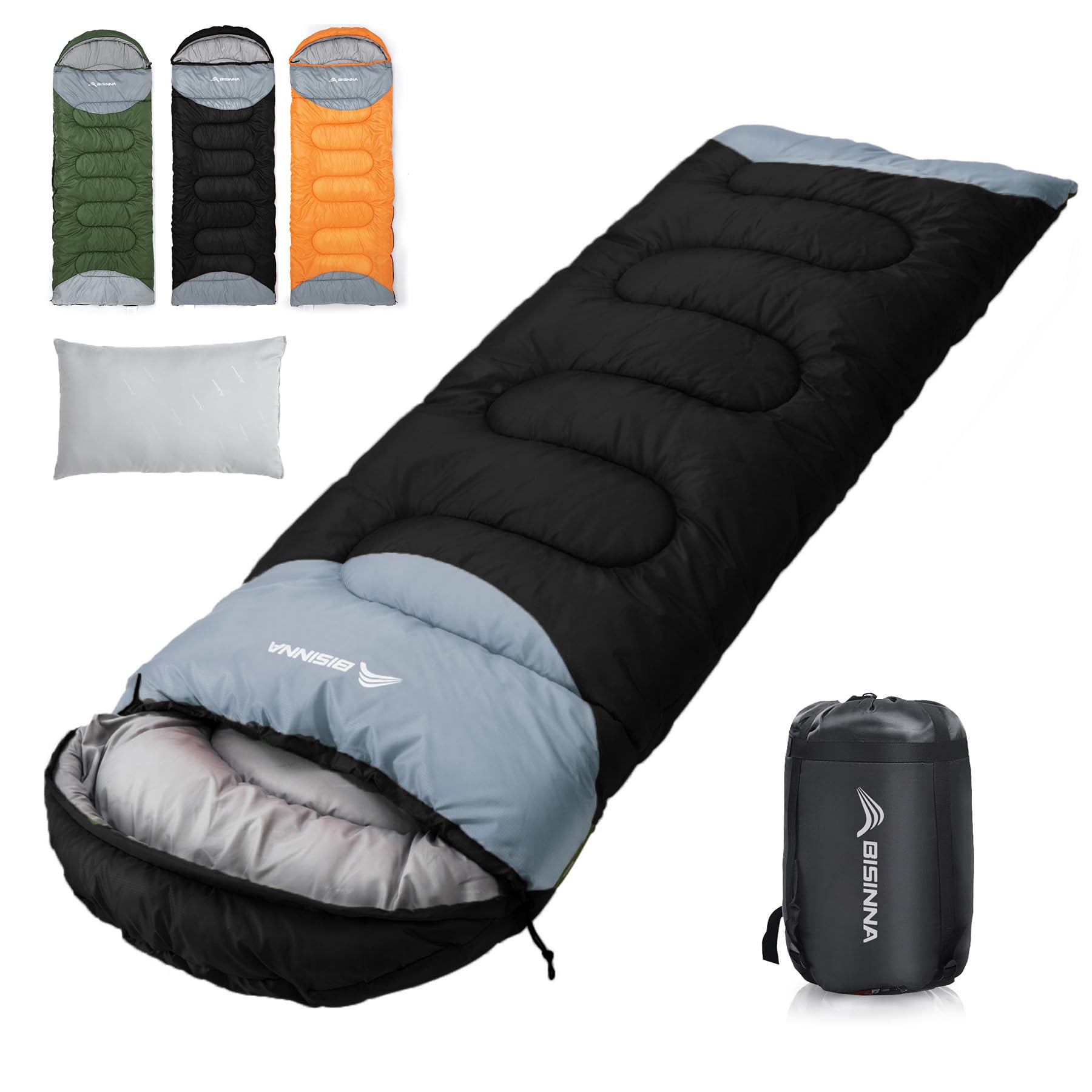 BISINNA front view of sleeping bag showing shape and hood for warmth