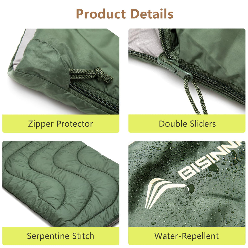BISINNA sleeping bag in a campsite setting demonstrating cozy warm‑weather use