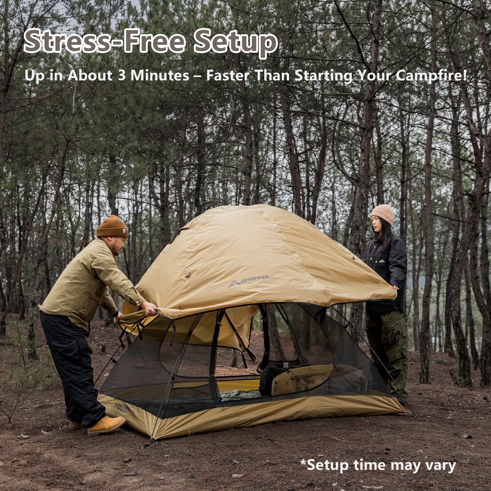 BISINNA tent next to person for size and packing scale