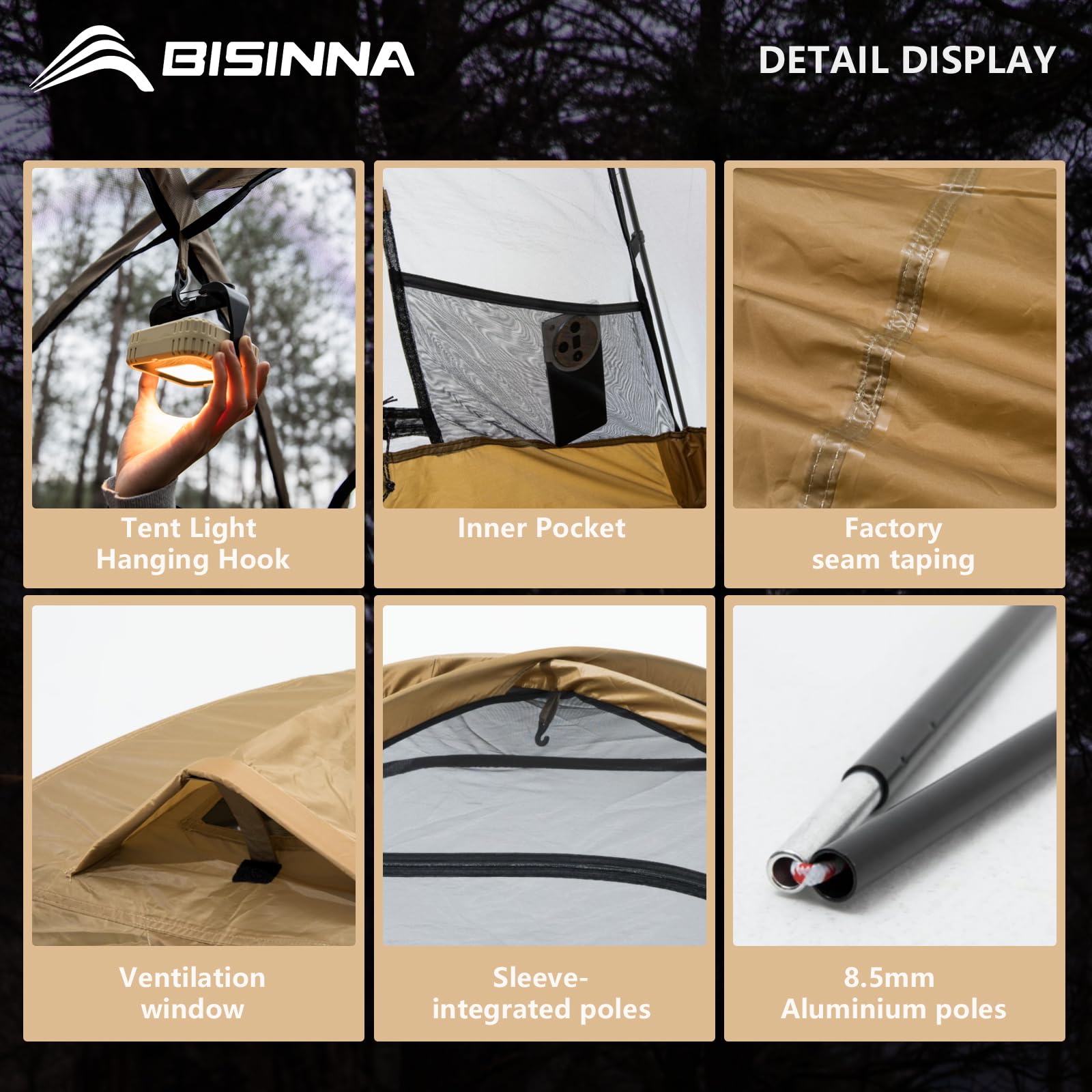 BISINNA tent in rain illustrating reliable PU3000 waterproofing