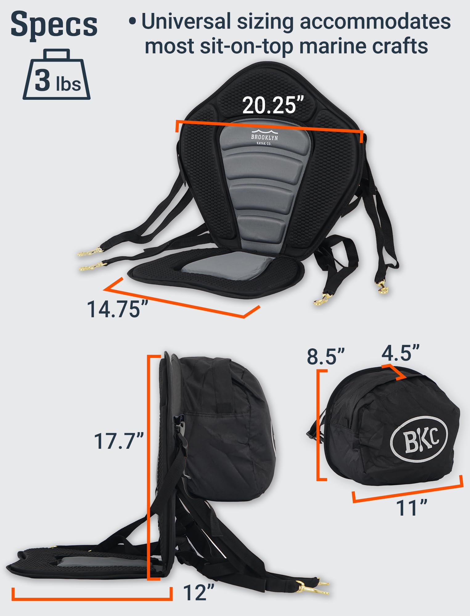 BKC PS223 next to ruler showing seat dimensions for fit verification
