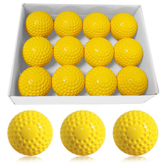 Bkkack front packaging of 12 yellow dimpled baseballs showing quantity and color for easy selection