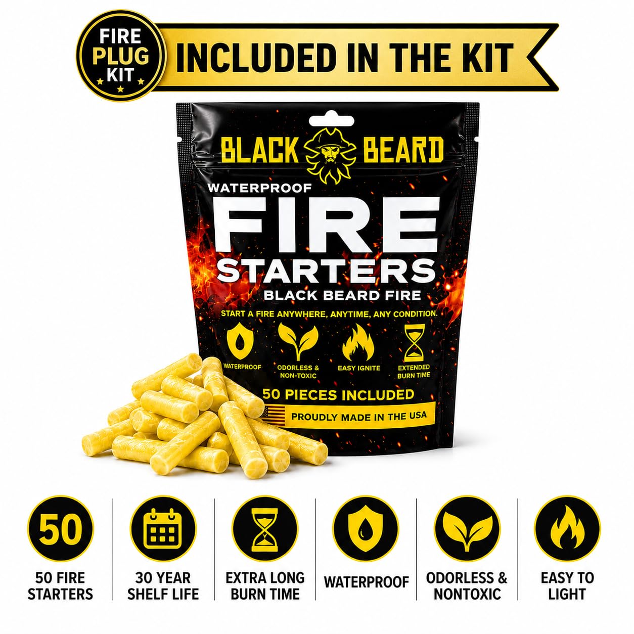 Black Beard ferro rod producing sparks to light tinder fast in any weather