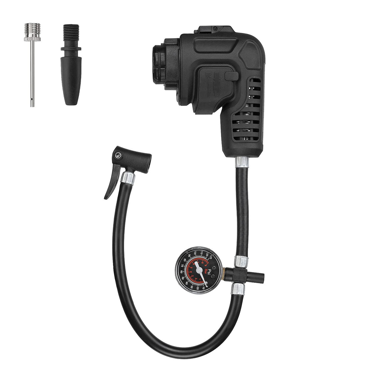 BLACK+DECKER front view of inflator attachment showing compact design and branding benefit