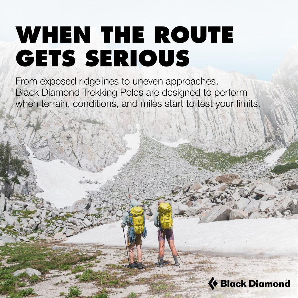 BLACK DIAMOND folded poles beside a water bottle to show compact transport size
