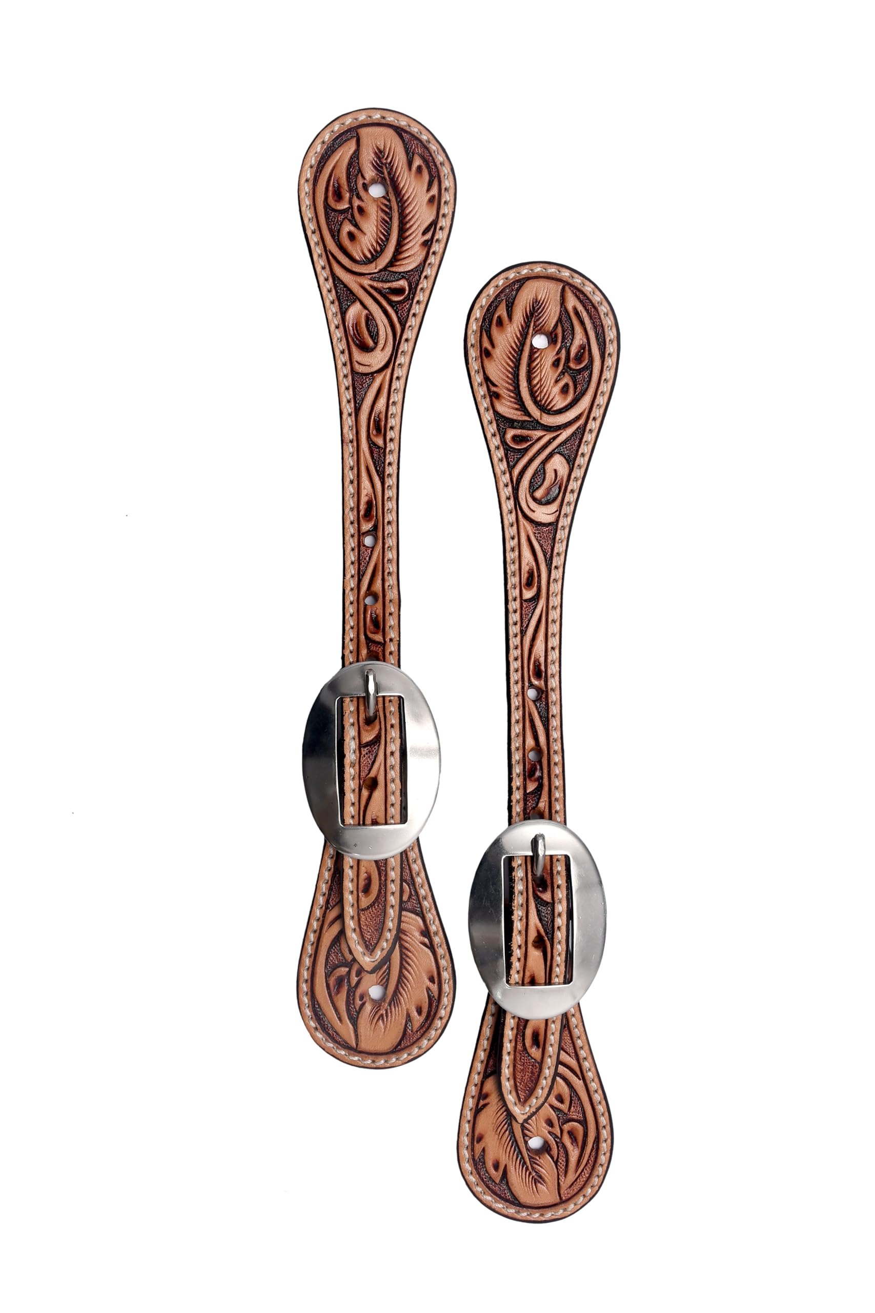 BLACK HOOF front view of natural floral tooled spur straps showing full strap and buckle benefit durable fit