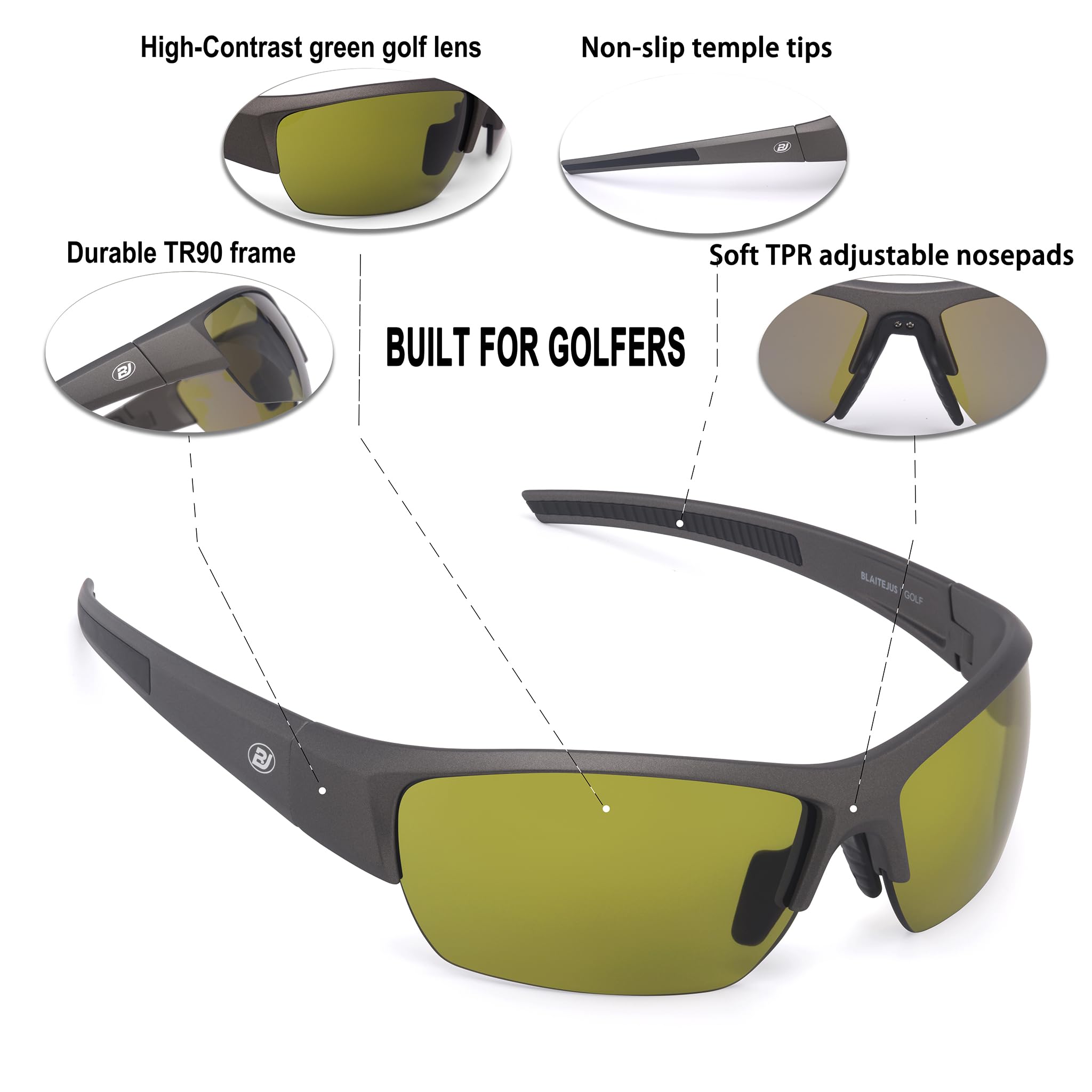 BLAITEJUS textured TPR nose pad and temple tips for non-slip comfort