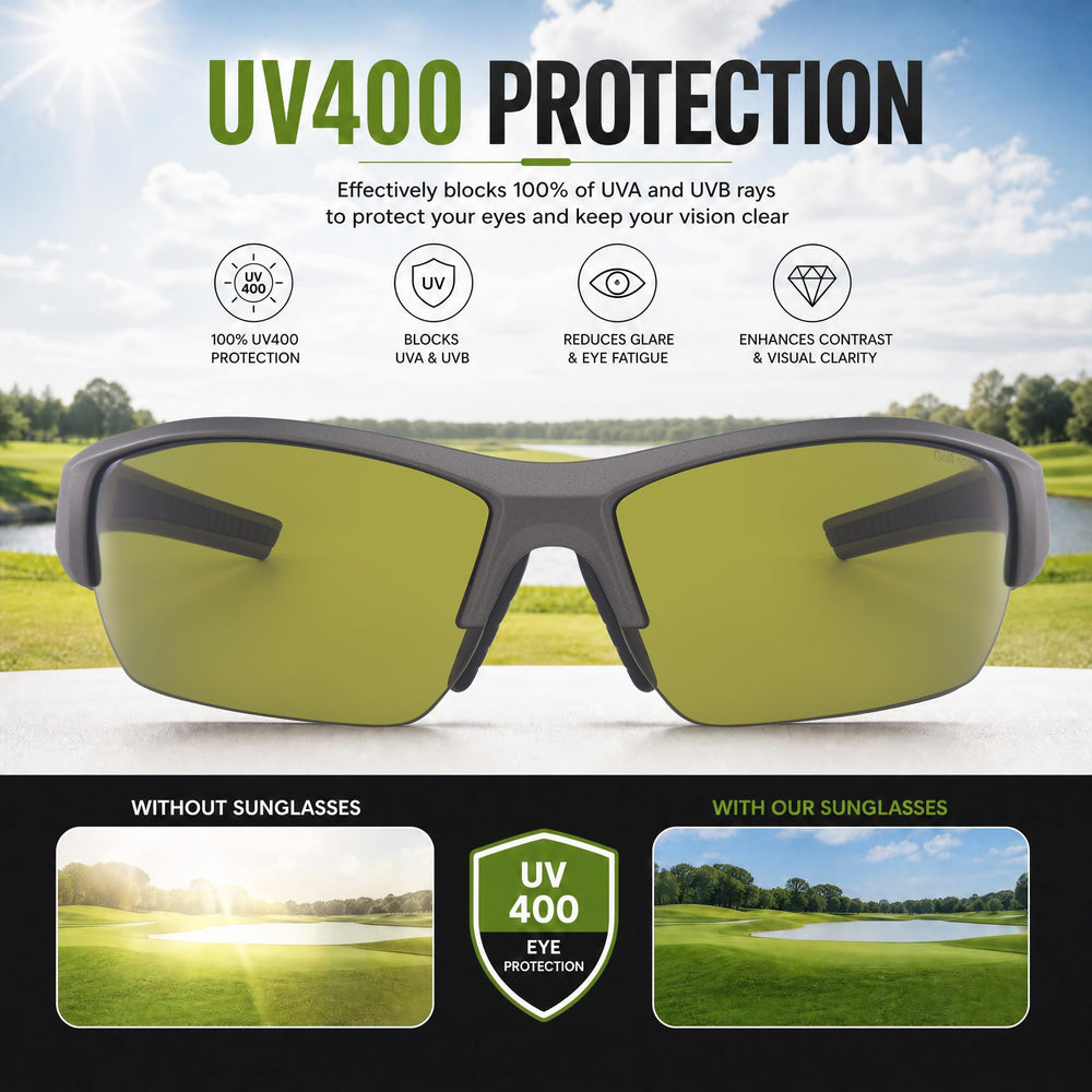 Golfer wearing BLAITEJUS sunglasses during swing showing stable fit and focus