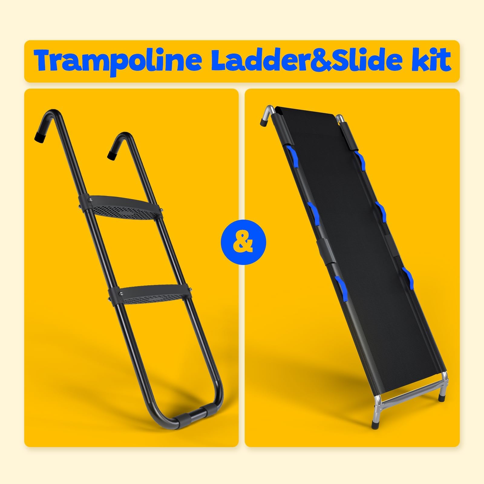 Blanketown slide full length hung on trampoline for controlled exits benefit