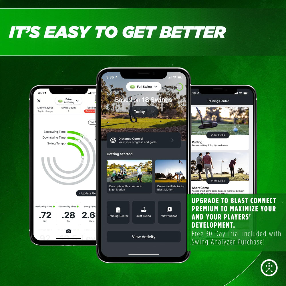 Golfer using Blast Motion in Air Swings mode indoors to train year-round consistency
