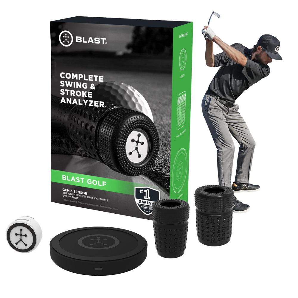 Blast Motion GEN3 front view showing compact sensor and branding, easy tracking benefit
