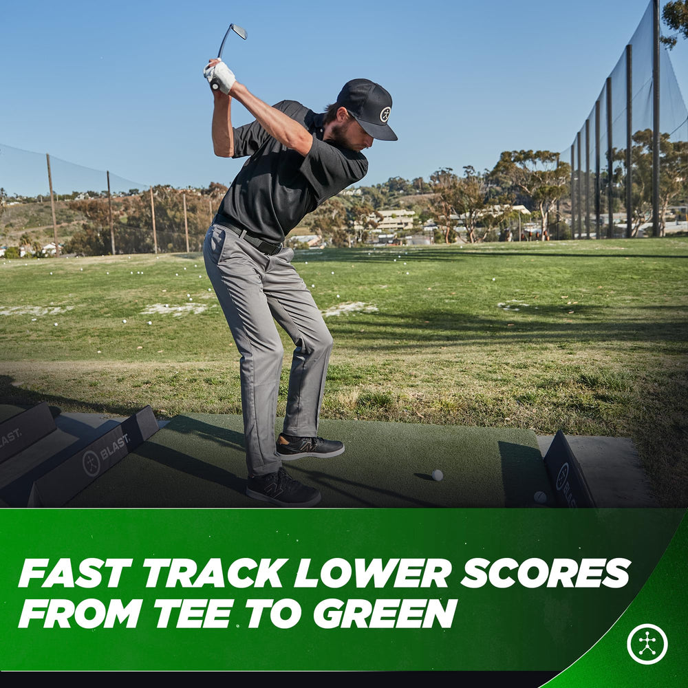 Golfer on driving range using Blast Motion to capture swings and compare performance