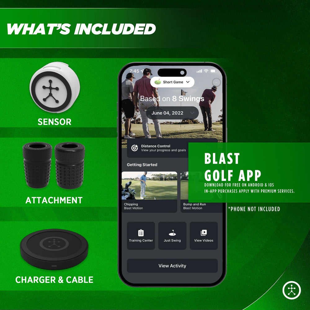 Blast Motion package contents laid out including sensor and documentation for quick start