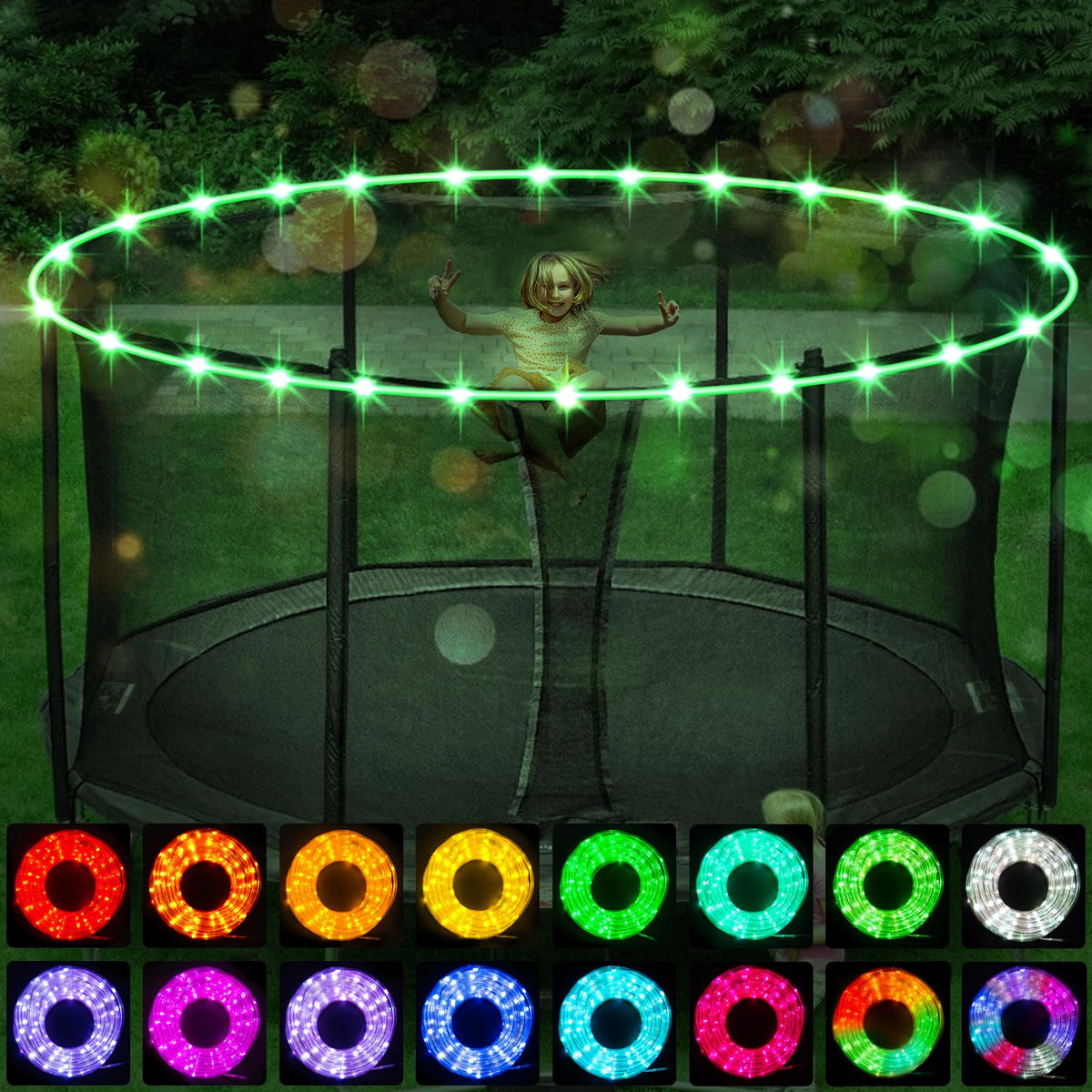 Blinngo Sport front view of LED strip installed illuminating trampoline for safe night play