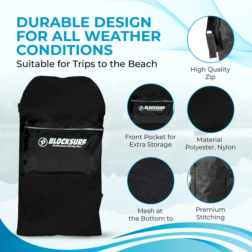 BLOCKSURF bag next to two 42-inch boards illustrating fit and capacity