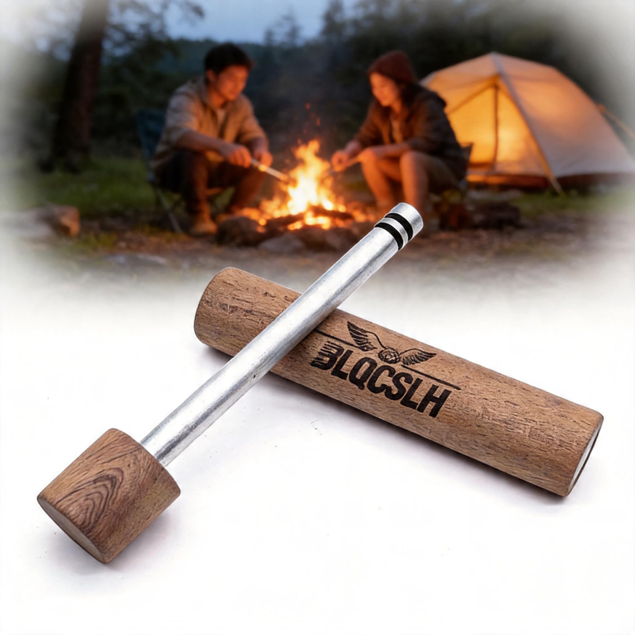BLQCSLH fire piston front view showing sapele wood housing and compact design for durability