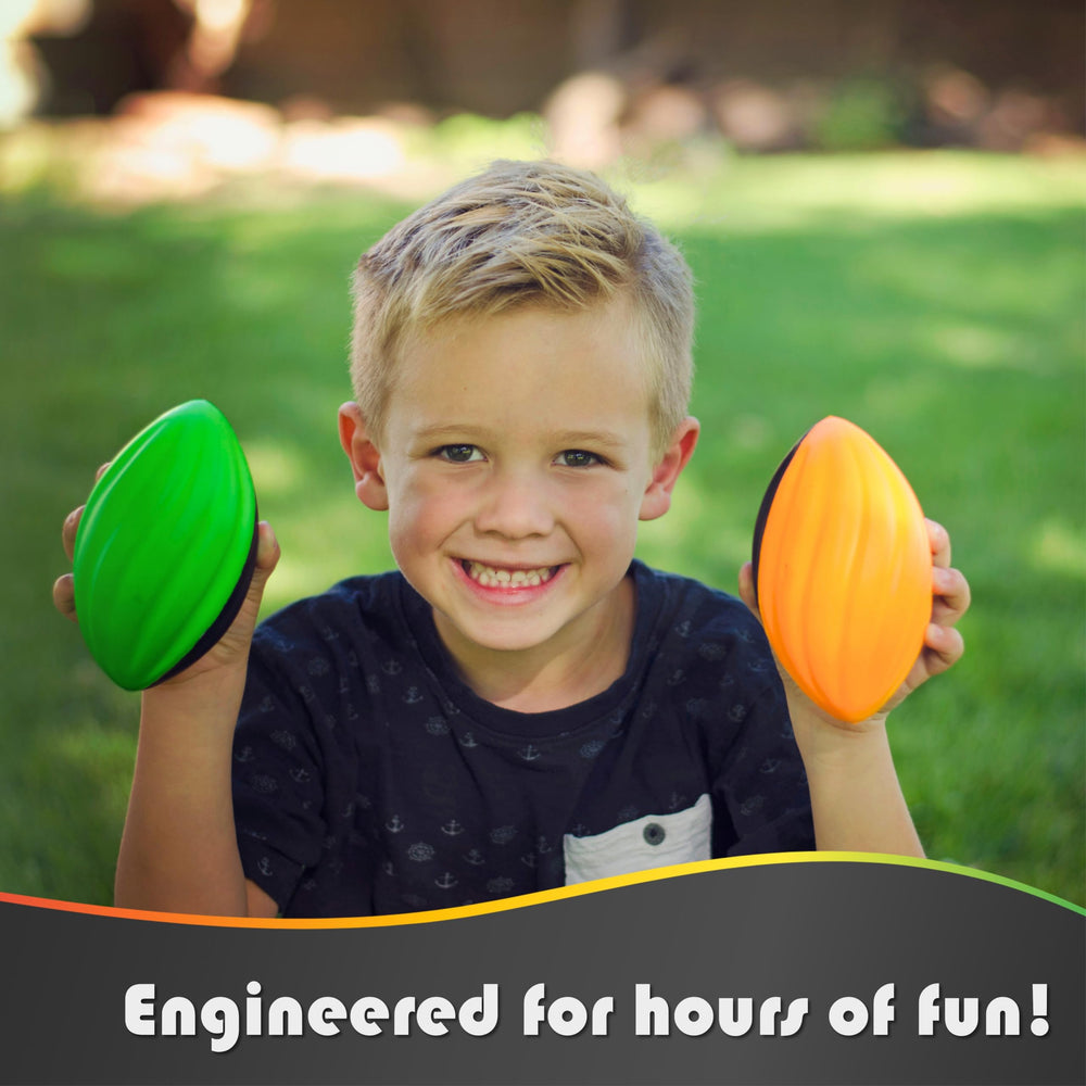 Blu Jay kids playing in backyard using mini footballs to promote active outdoor fun