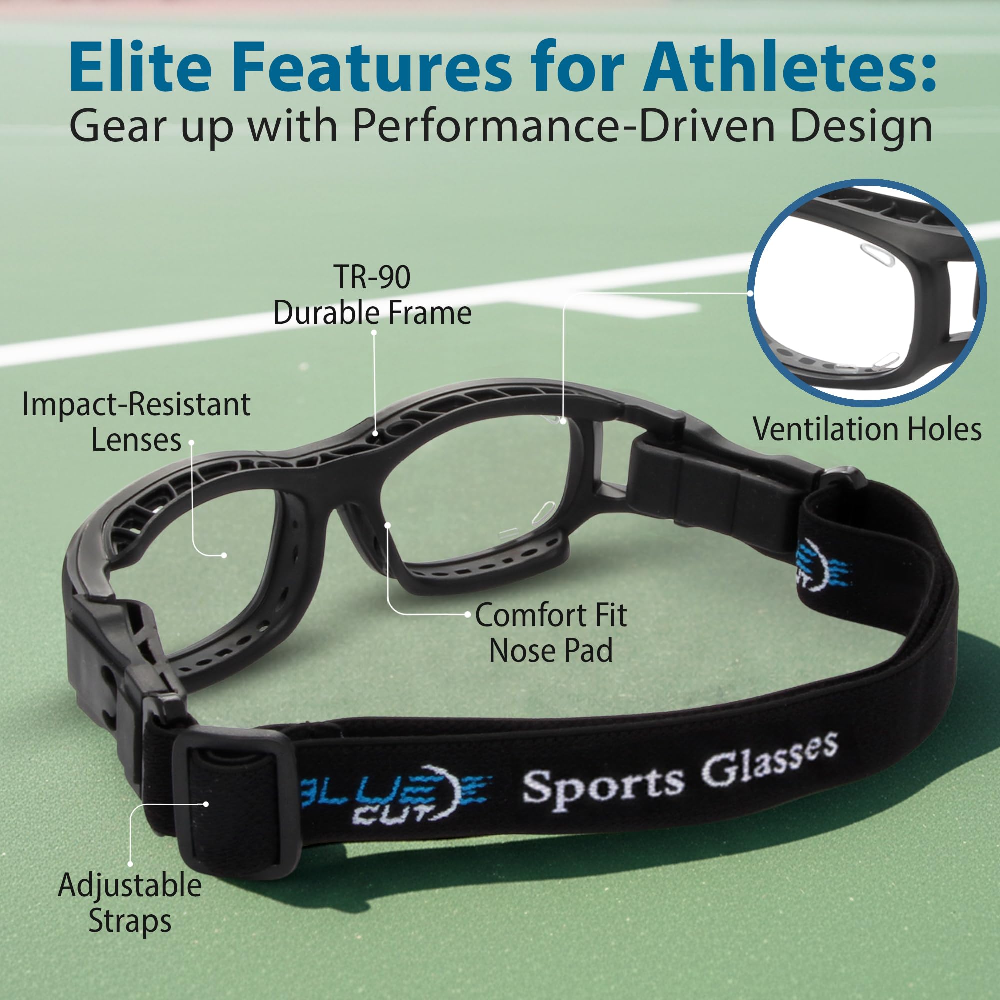 BLUE CUT lens anti-fog detail illustrating clear vision benefit during play