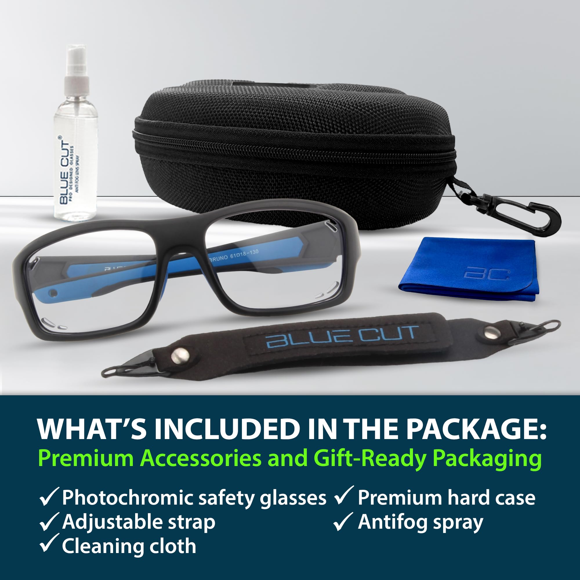BLUE CUT goggles held in hand to show medium adult size and real-world scale