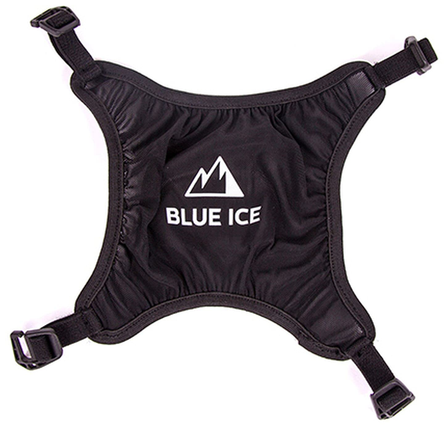 Blue Ice helmet holder front view showing attachment hooks and mesh, secures helmet neatly