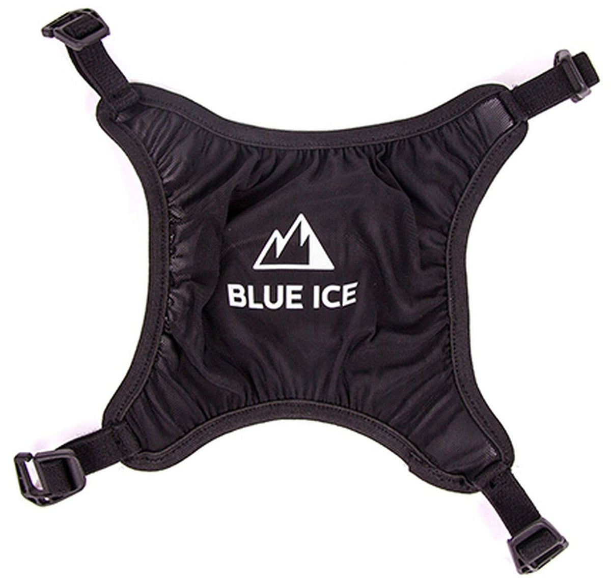 Blue Ice helmet holder front view showing attachment hooks and mesh, secures helmet neatly