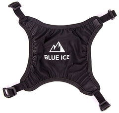 Blue Ice helmet holder front view showing attachment hooks and mesh, secures helmet neatly