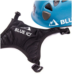 Blue Ice helmet holder attached to backpack with helmet, keeps gear accessible and stable