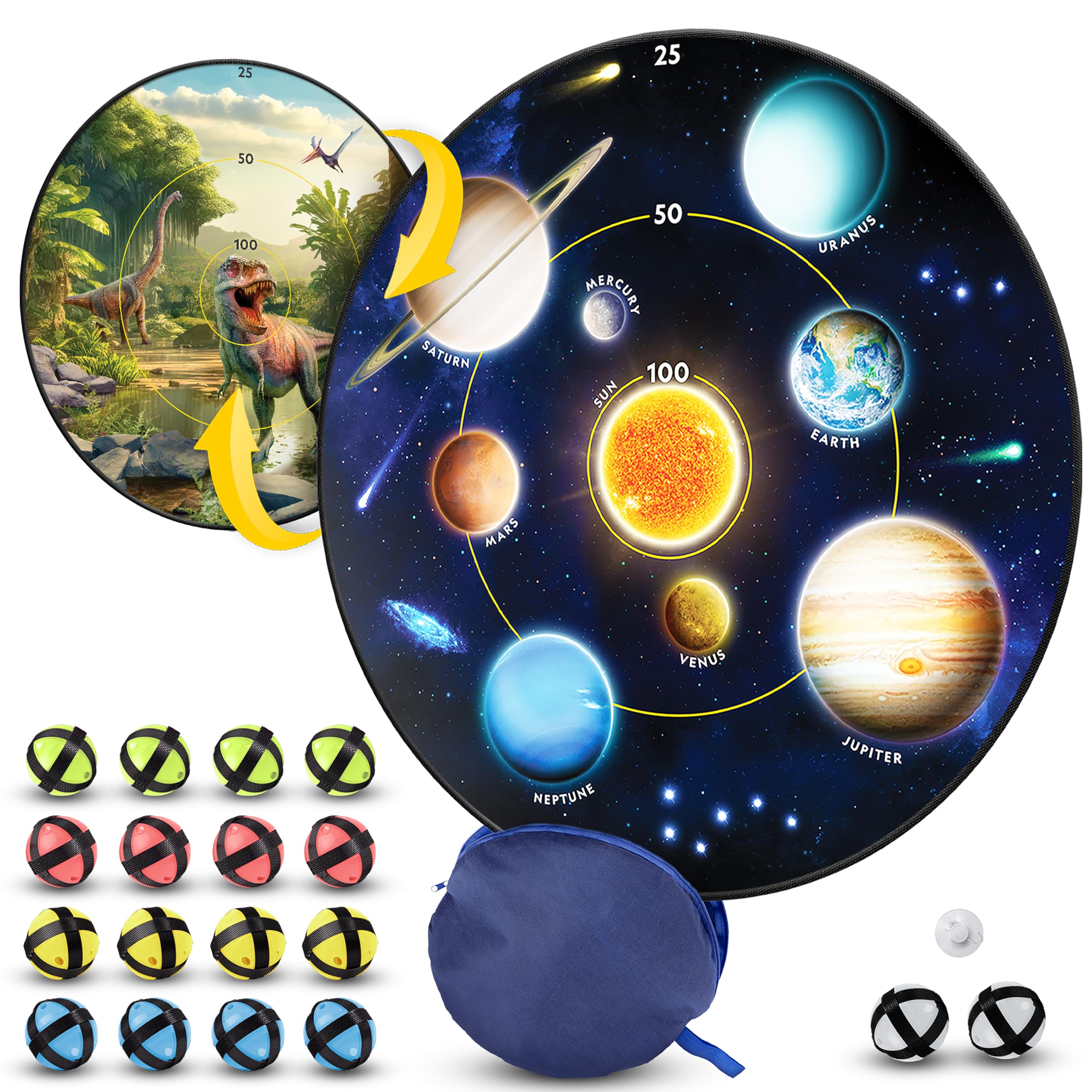 Blue Marble National Geographic front view of 28-inch dartboard showing glow themes and easy mounting