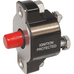 Blue Sea Systems breaker front view showing push-button and rating for easy identification and reset