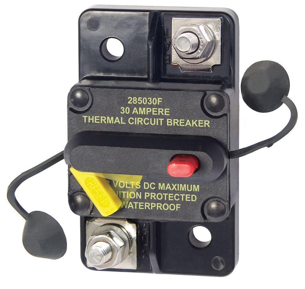 Blue Sea Systems 285-Series front panel showing lever and compact housing, enhances quick fault identification