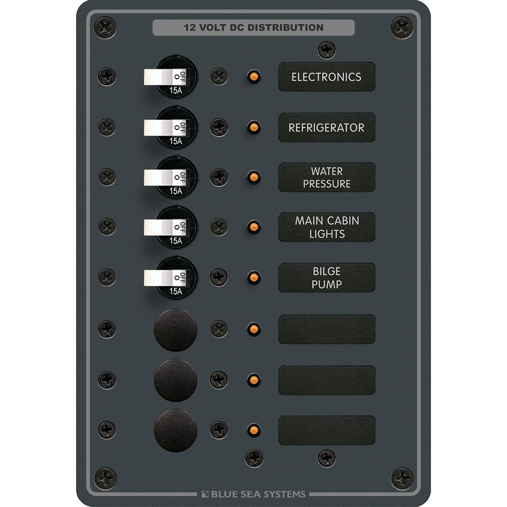 Blue Sea Systems 8023 front panel showing breakers and LEDs for easy status checks