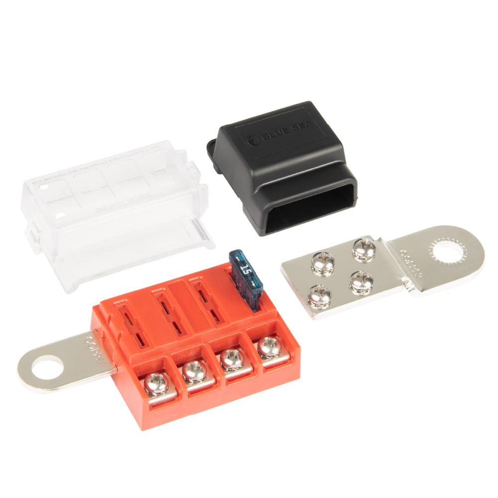 Blue Sea Systems fuse block front view showing labeled circuits and compact layout benefit
