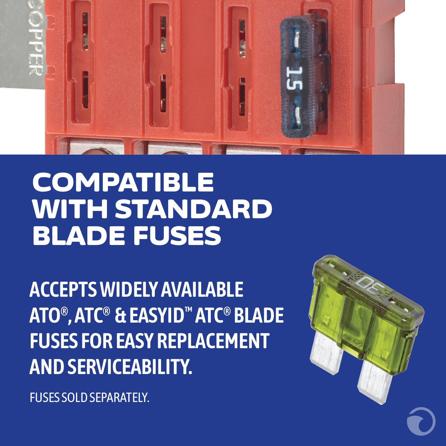 Blue Sea Systems mounted on battery stud demonstrating short main feed and neat routing