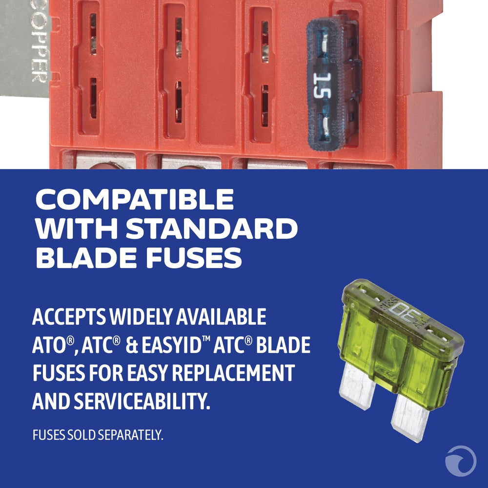 Blue Sea Systems mounted on battery stud demonstrating short main feed and neat routing