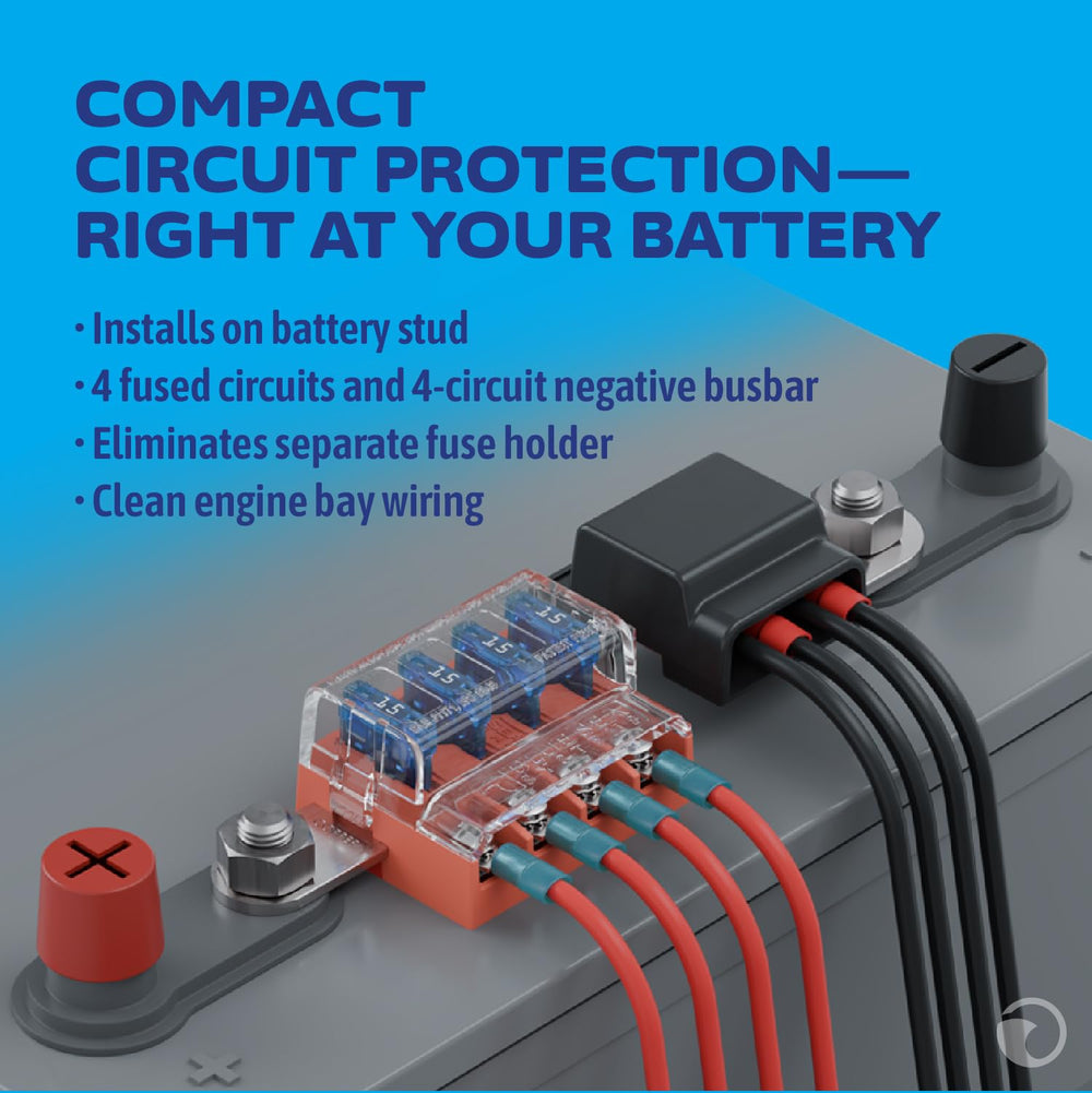 Blue Sea Systems side connection with ring terminals installed for secure battery mounting