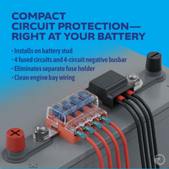 Blue Sea Systems side connection with ring terminals installed for secure battery mounting
