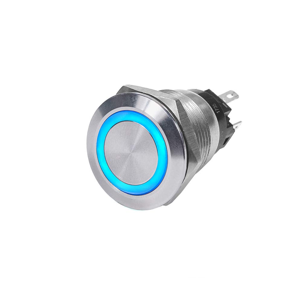 Blue Sea Systems front view showing stainless bezel and blue LED ring for clear status