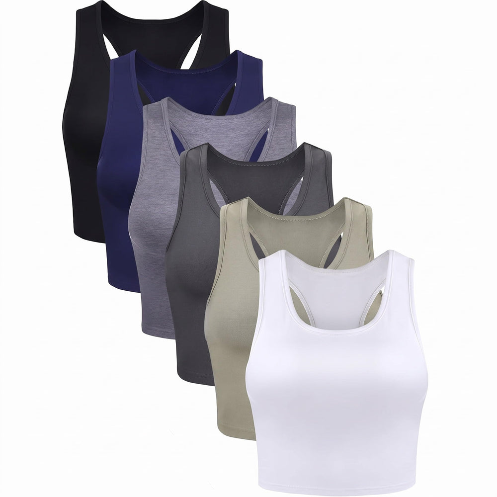 Boao front view 6-pack of crop tank tops showing colors and fit benefits