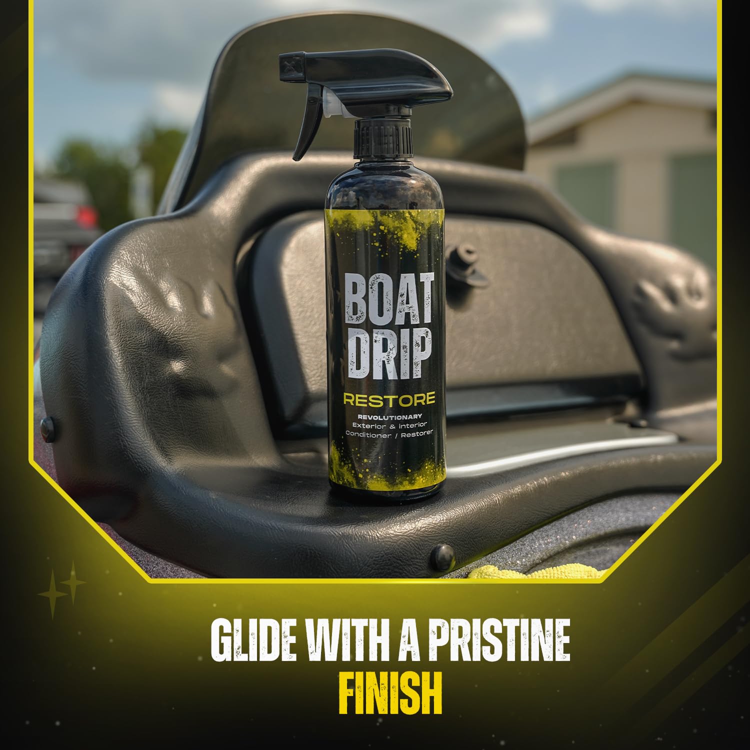 Ingredient badge and made in USA label demonstrating Boat Drip Restore quality