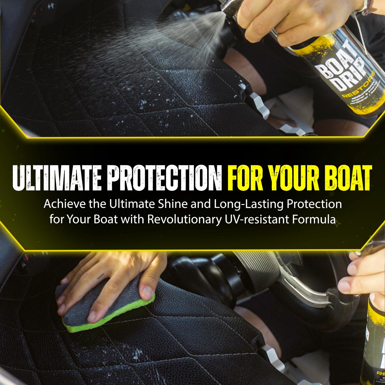 Two-bottle pack of Boat Drip Restore staged on a boat bench for convenience