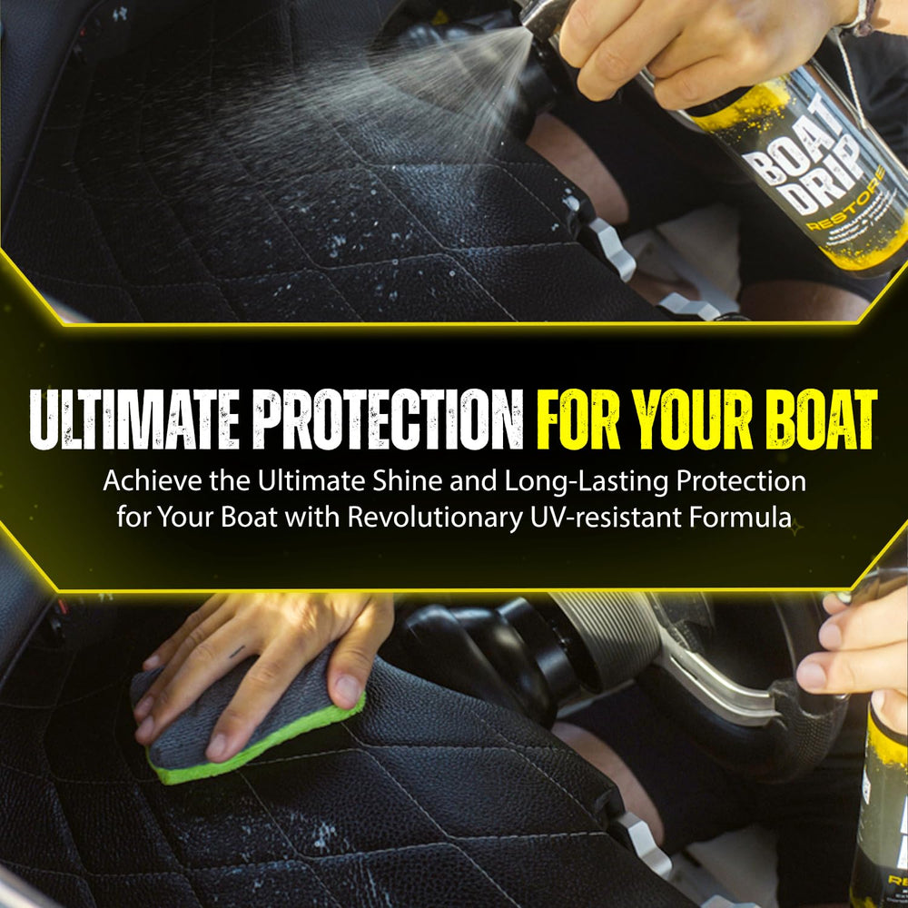 Two-bottle pack of Boat Drip Restore staged on a boat bench for convenience